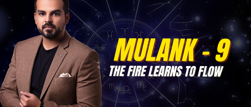 Man in brown blazer with text 'Mulank - 9 The Fire Learns to Flow' on astrological zodiac background