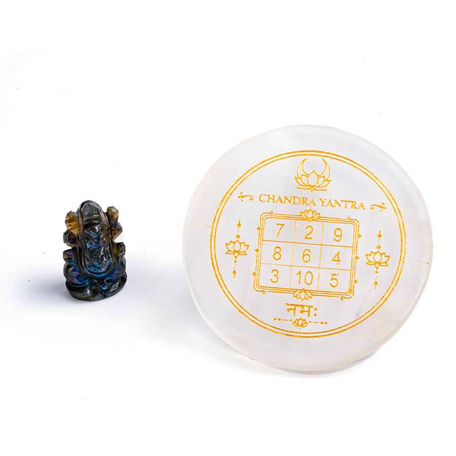Chandra Yantra Selenite Plate & Ganesha Idol