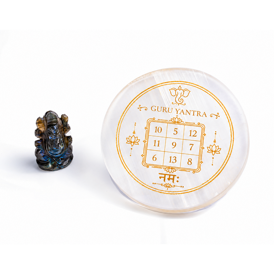 Guru Yantra Selenite Plate & Ganesha Idol