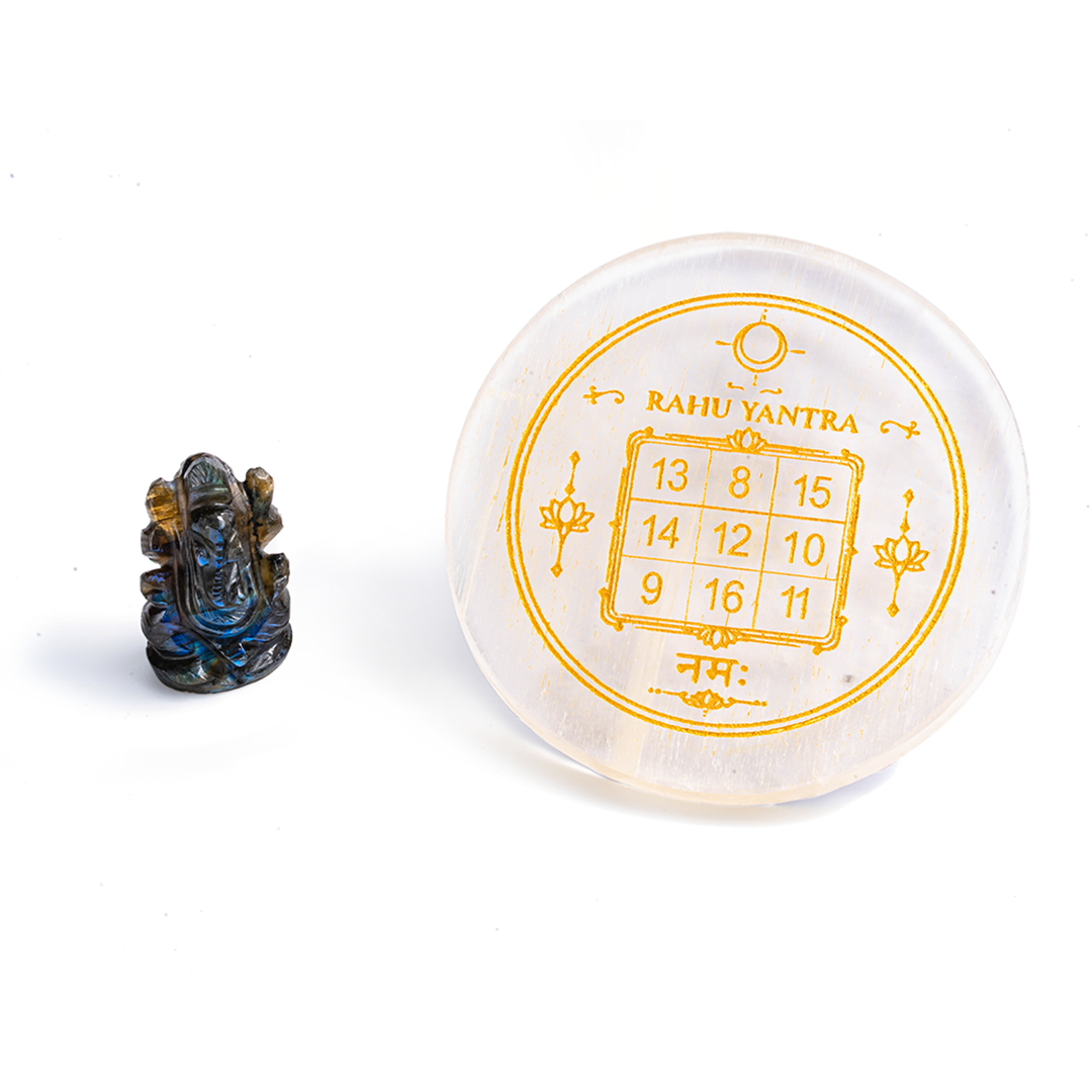Rahu Yantra Selenite Plate & Ganesha Idol
