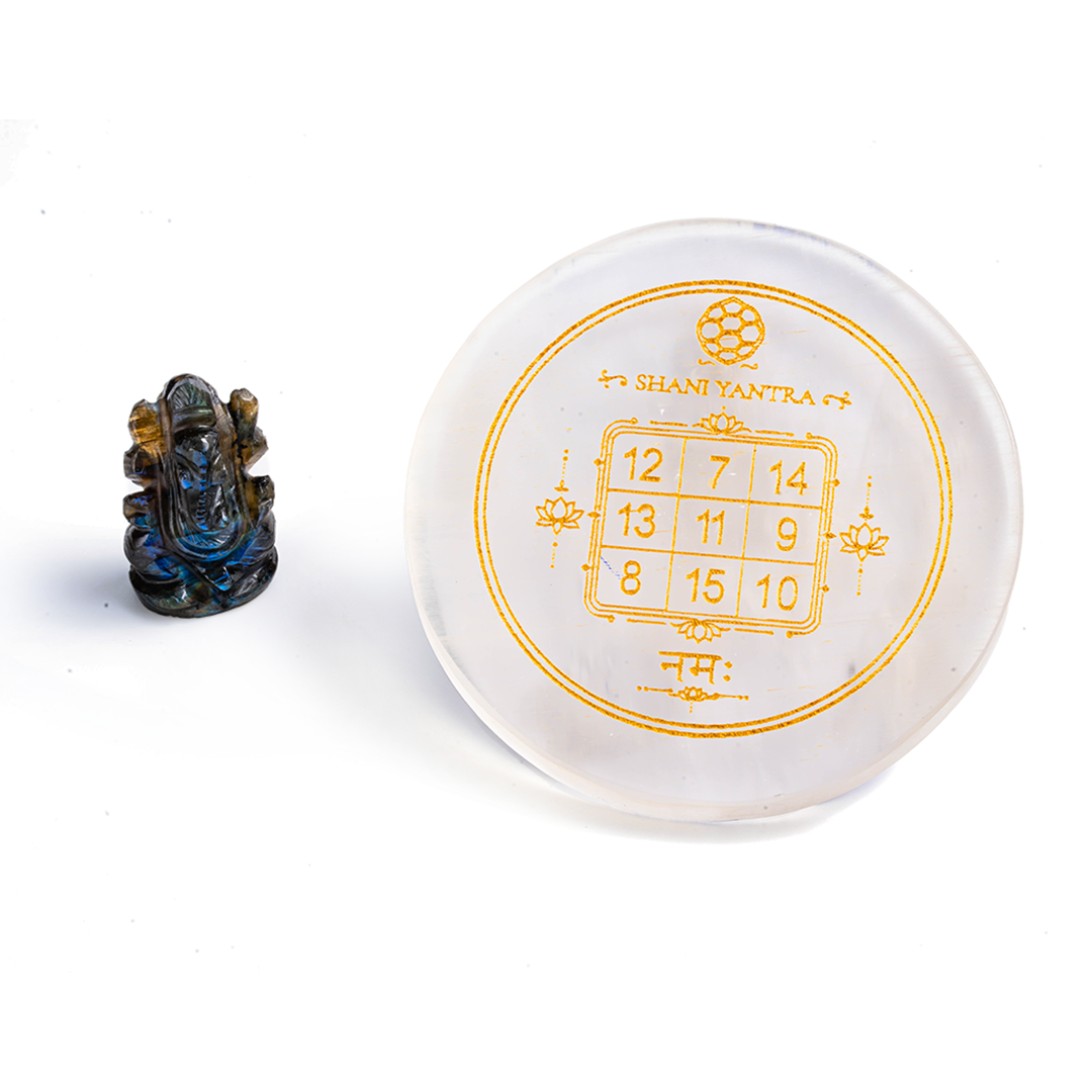 Shani Yantra Selenite Plate & Ganesha Idol