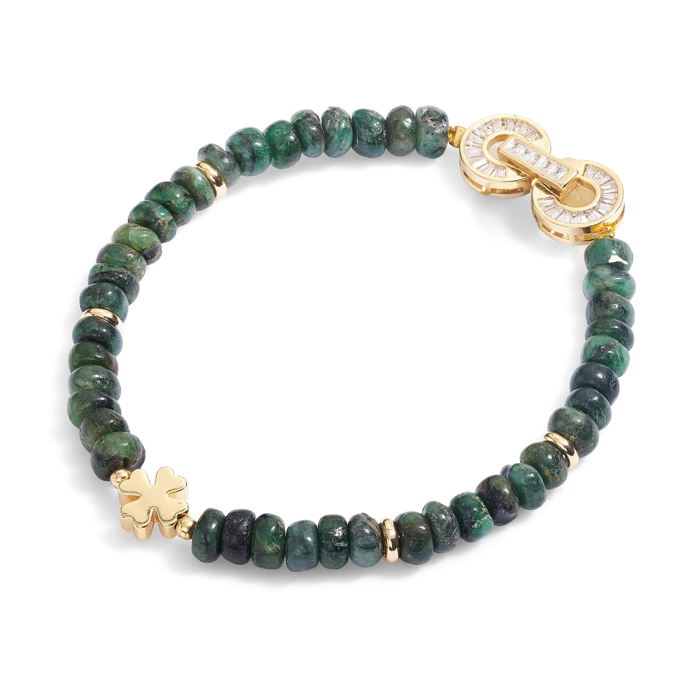 Green gemstone beaded bracelet with gold clover charm and gold decorative clasp