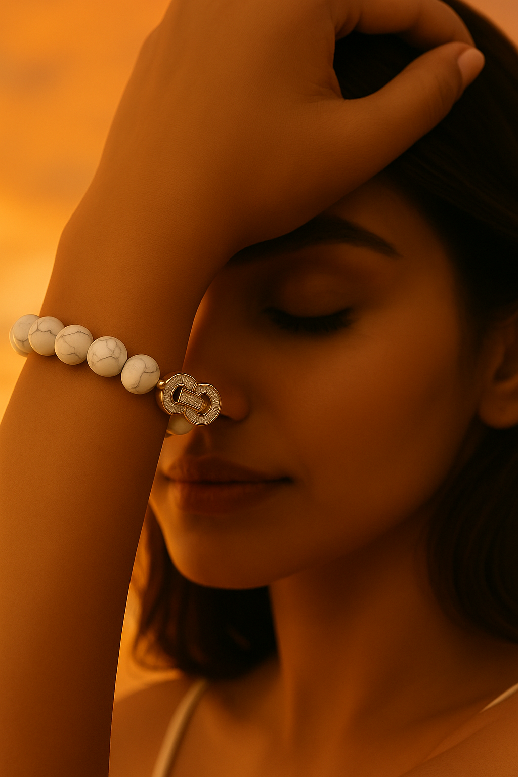 Woman wearing a white howlite beaded bracelet with a gold clasp, close-up shot.